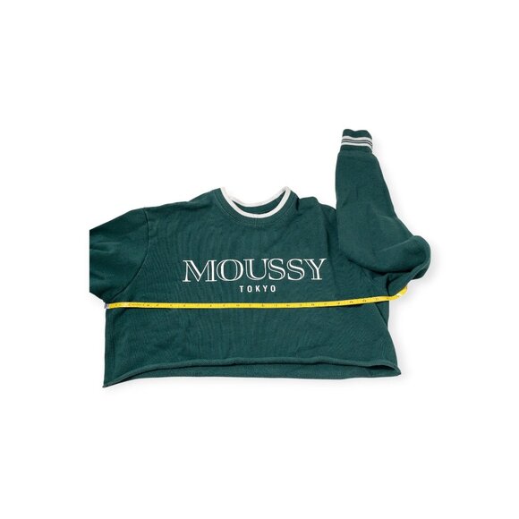 Moussy Tokyo Green Cropped Sweatshirt With Striped Cuffs & Collar Free Size 100% - Picture 10 of 10